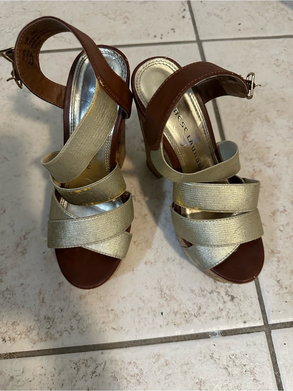 Chinese Laundry Gold and Brown Strappy Wedge Sandals
